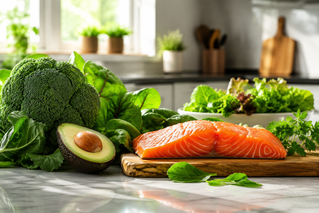 Fresh broccoli, avocado, salmon, and leafy greens for longevity diet.