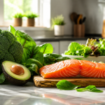 Fresh broccoli, avocado, salmon, and leafy greens for longevity diet.