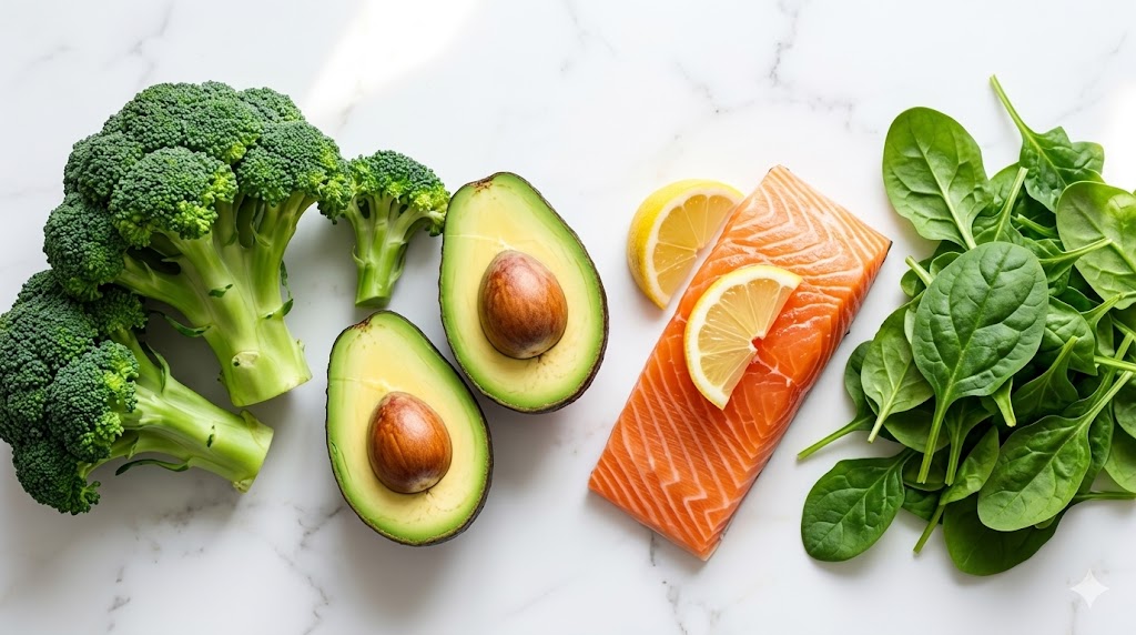Fresh broccoli, avocado, salmon, and leafy greens for longevity diet.