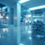A premium amber glass bottle of Longevity Cellular Support capsules on a modern laboratory desk, featuring 99% pure NMN and NAD+ precursor for anti-aging and DNA repair.